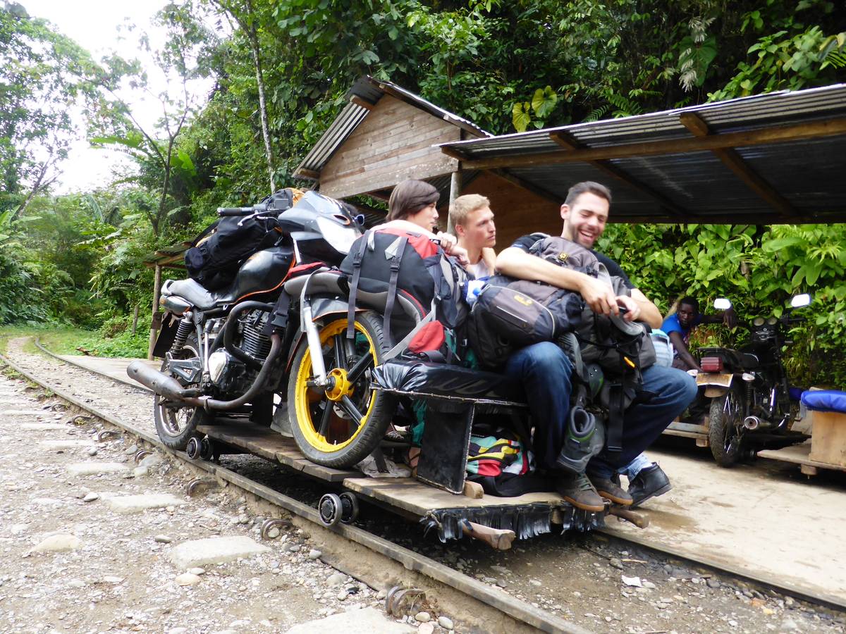 Colombia Motorcycle Rail-Trolley. Gringos and backpacks.