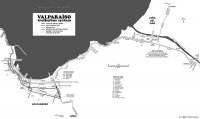 Mapa trolejbusov st ve Valparasu s vyznaenmi lanovkami.