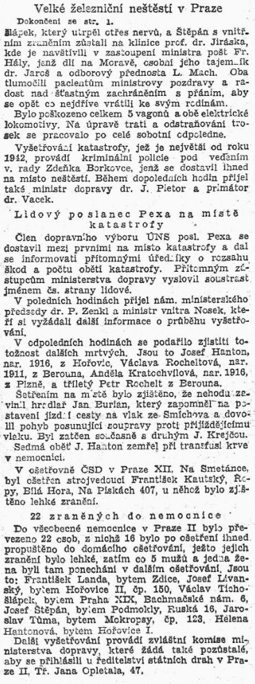 Nehoda Vinohradský tunel, Lidová demokracie 8. 6. 1947