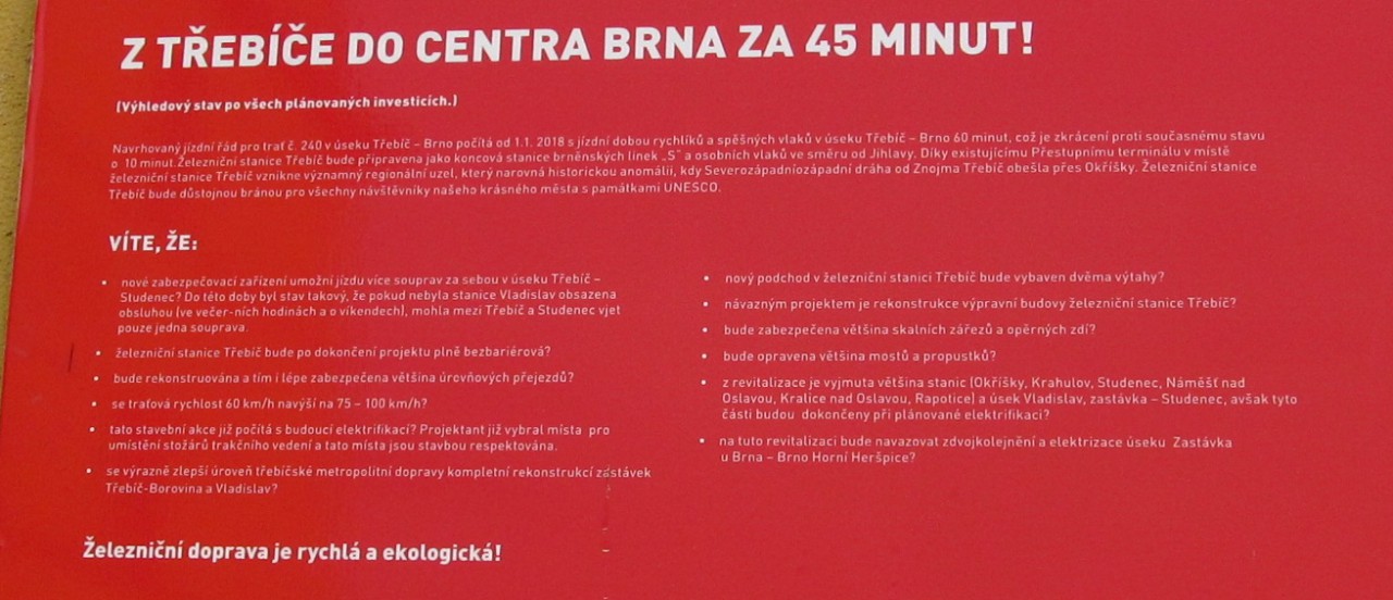 Od 1. 1. 2018 R/Sp z TR do Brna na 60 min.; po vech investicch do CENTRA Brna za 45 min.