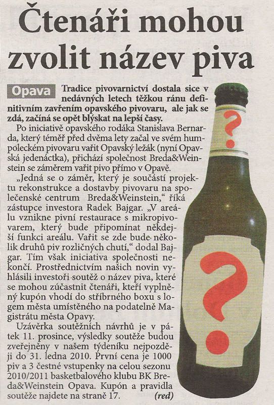 �ten��i mohou zvolit n�zev piva - REGION OPAVSKO - 17. listopadu 2009