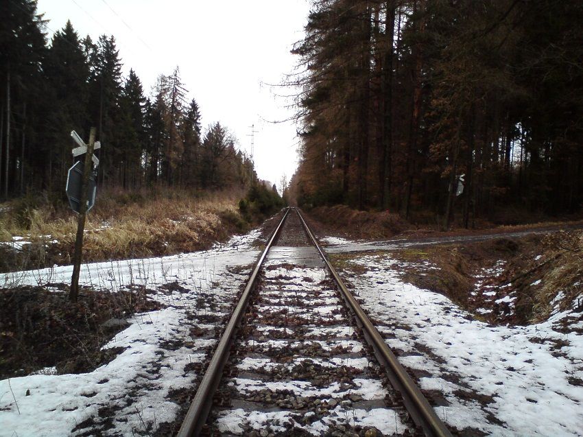 P�ejezd lesn� cesty a za n�m dlouh� rovinka.