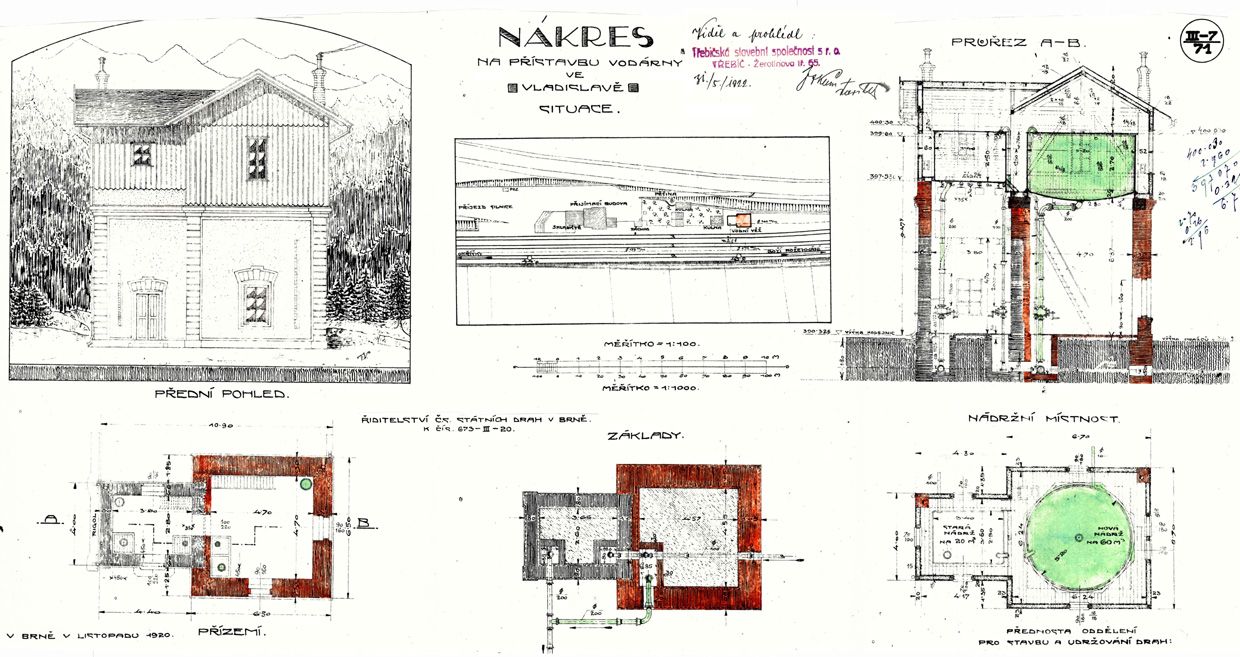 Vladislav,vodarna,budova,pristavba,plan,1922