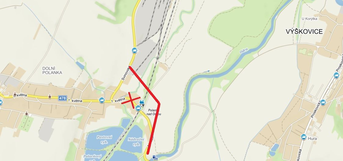 Zdroj: Mapy.cz; uvaovan peloka silnice II/478 v Polance nad Odrou
