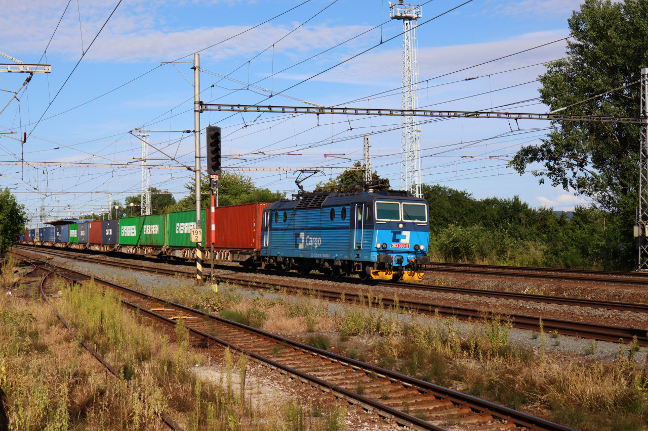 Lokomotiva 363.003 s vlakem s kontejnery projd Prosenice