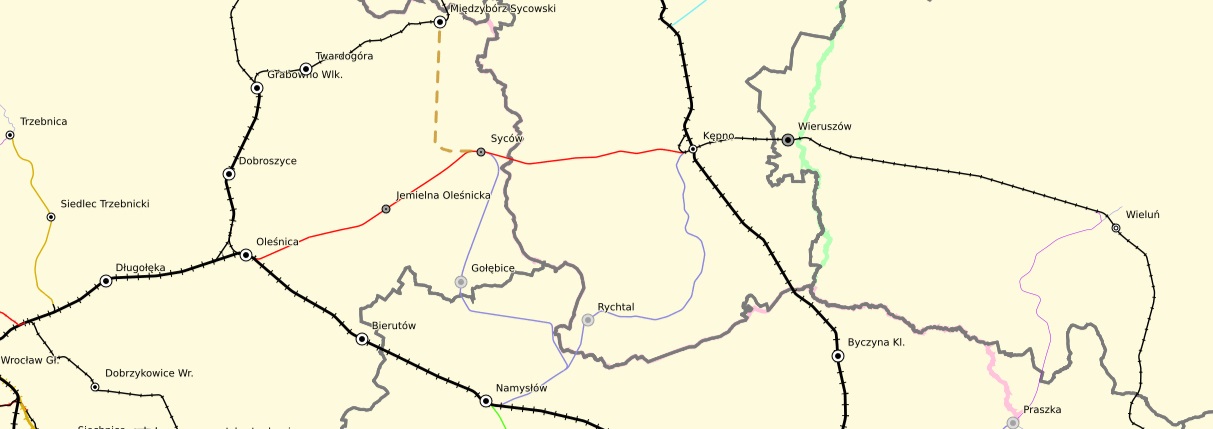 Mapa kolejowa odcinka Kpno - Olenica z widokiem na Wielu i Wrocaw