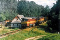 Vlak Vn 49060 se stroji 751.091+382 projíždí 20. 7. 1996 zastávkou Chlumec u Českých Budějovic.