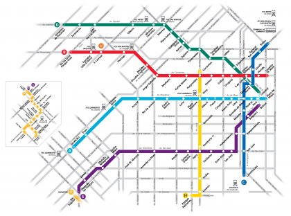 Mapa současné sítě metra.