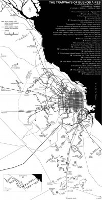 Souhrnná mapa tramvajových tratí v Buenos Aires za celou jejich existenci.