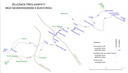 Mapa železnice přes Karpaty mezi Sedmihradskem a Bukovinou.