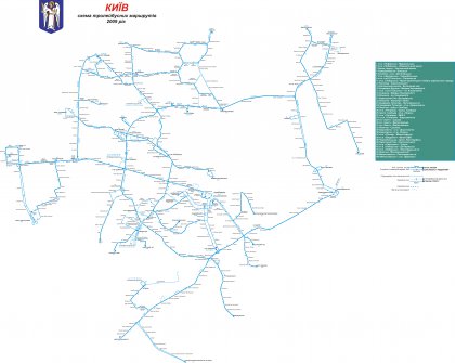 Mapa trolejbusových tratí a linek z roku 2009.