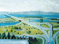 Návrh mostu přes Angaru dle A. V. Luk'jančikova z roku 2000. Výsledná podoba je nicméně skromnější.