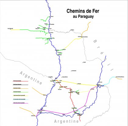 Železniční mapa Paraguaye.