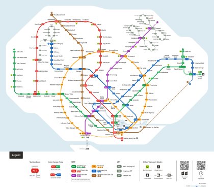 Schéma linek MRT a LRT včetně lanovky na ostrov Sentosa.