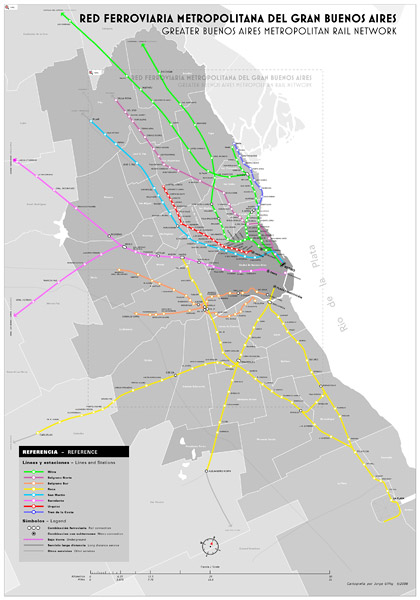 Mapa železniční sítě v okolí Buenos Aires.